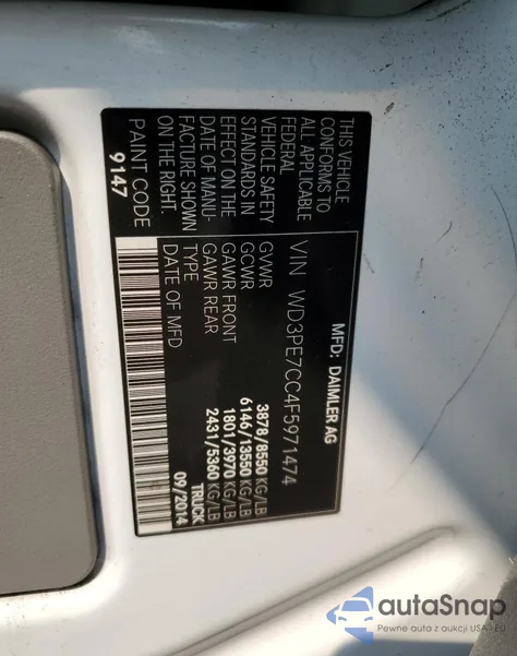 2015 Mercedes-Benz Sprinter 2500 z USA, uszkodzony, nr VIN WD3PE7CC4F5971474